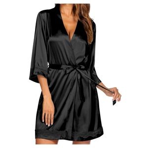 Women’s M Lace Trim V Neck Kimono Bathrobe w/ 3/4 Sleeves